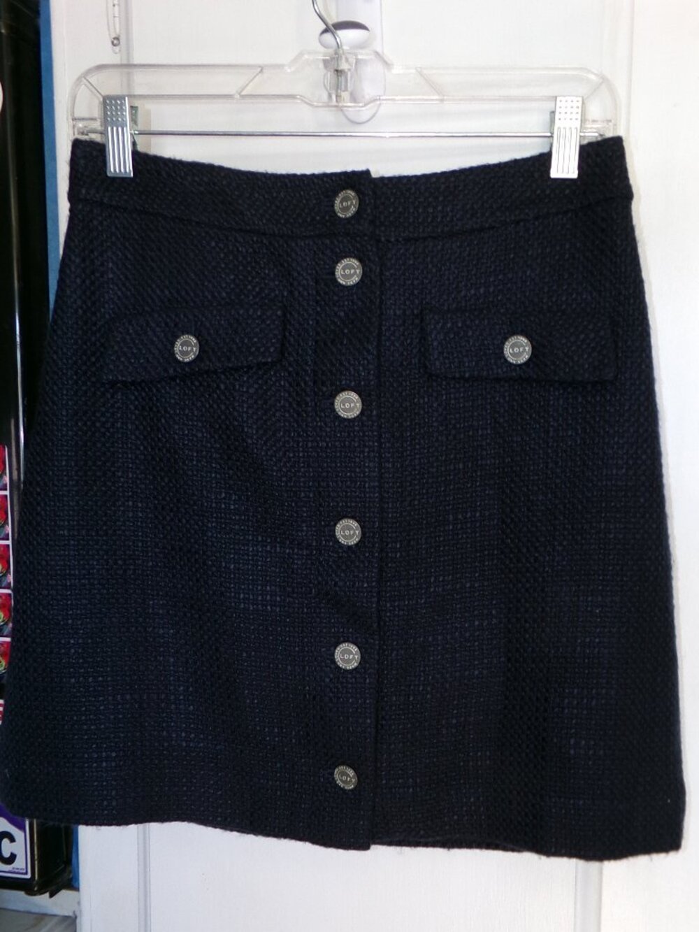 **Moving Sale** Loft Navy Tweed Button Front Skirt Sz 2